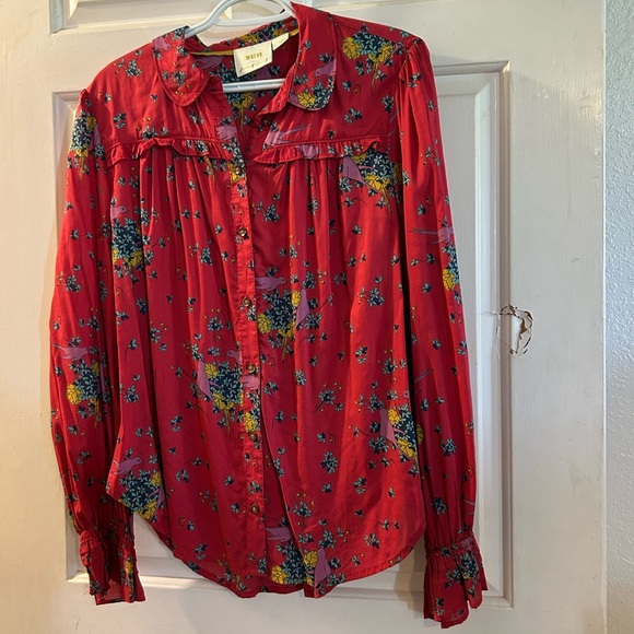 Anthropologie Tops - Anthropologie Red Floral Button-Down Shirt with Yellow and Blue Accents